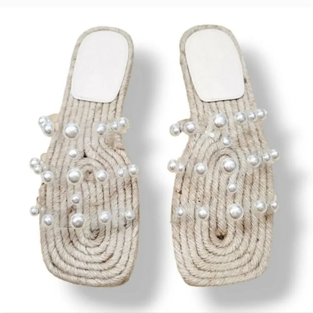 NEW Pearl Transparent Strappy Slip On Square Toe Jute Rope Sandal Size 36/6